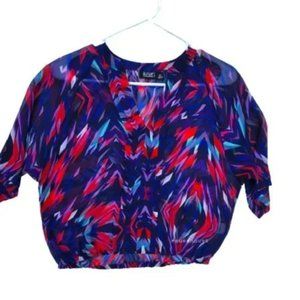 Vibrant ANA Abstract Starburst Sheer Weird Girl Cropped Short Sleeve V-Neck Top